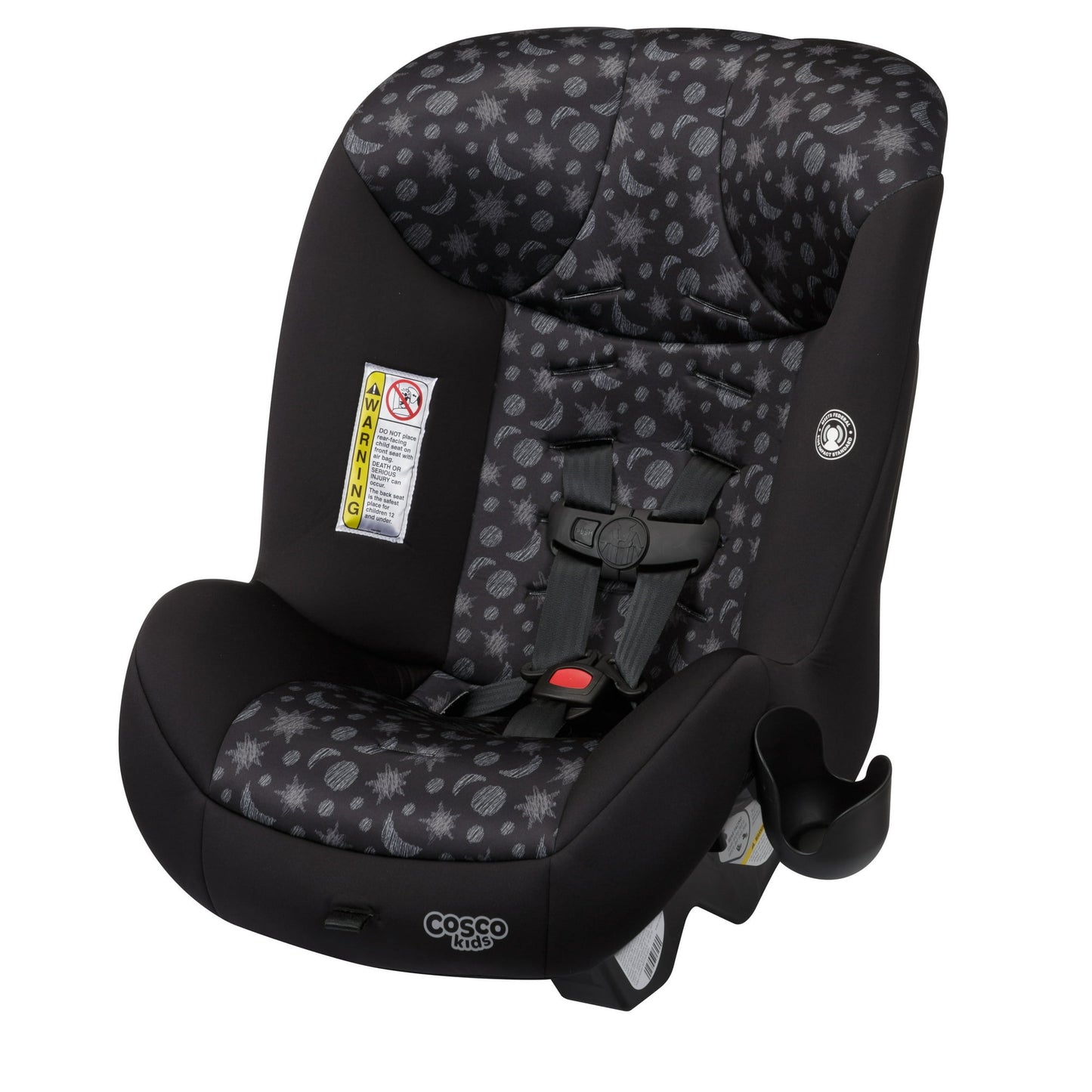 car seat with black and gray patterned design on a white background
