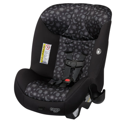car seat with black and gray patterned design on a white background