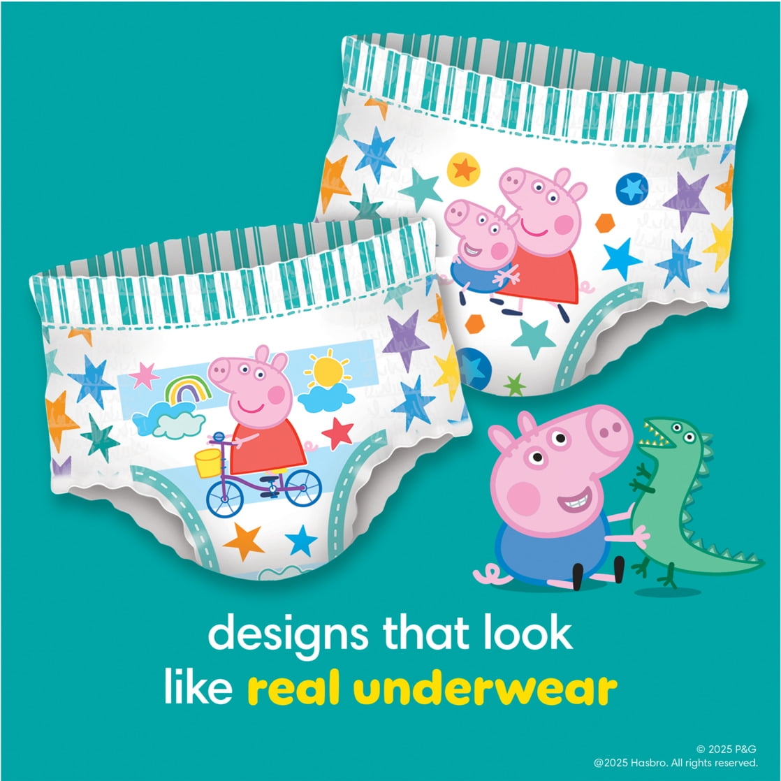 Two patterned training pants with Peppa Pig characters and stars, over a teal background with yellow text at the bottom