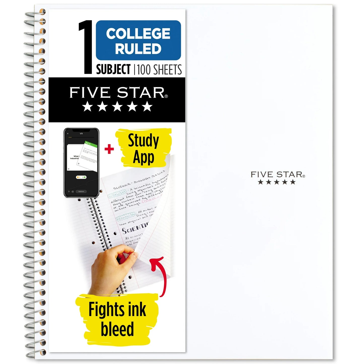 college ruled notebook with smartphone and study app graphics on a white background