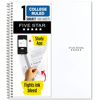 college ruled notebook with smartphone and study app graphics on a white background