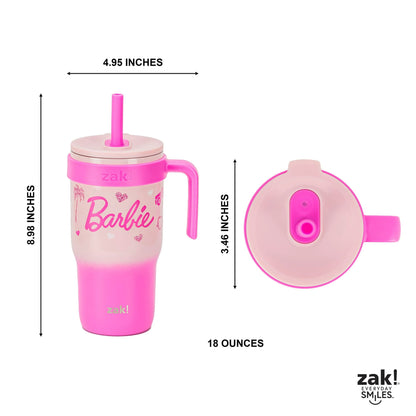 Zak Designs 18oz Barbie Kids Straw Handle Tumbler, Stainless Steel Vacuum Insulated Cruiser Tumbler with Silicone Straw Utilizing Leak-Proof Valve, Travel Straw Tumbler with Handle
