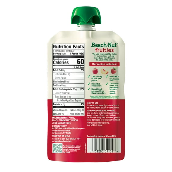 Beech-Nut Fruities Stage 2 Baby Food, Apple Peach & Strawberries, 3.5 oz Pouch