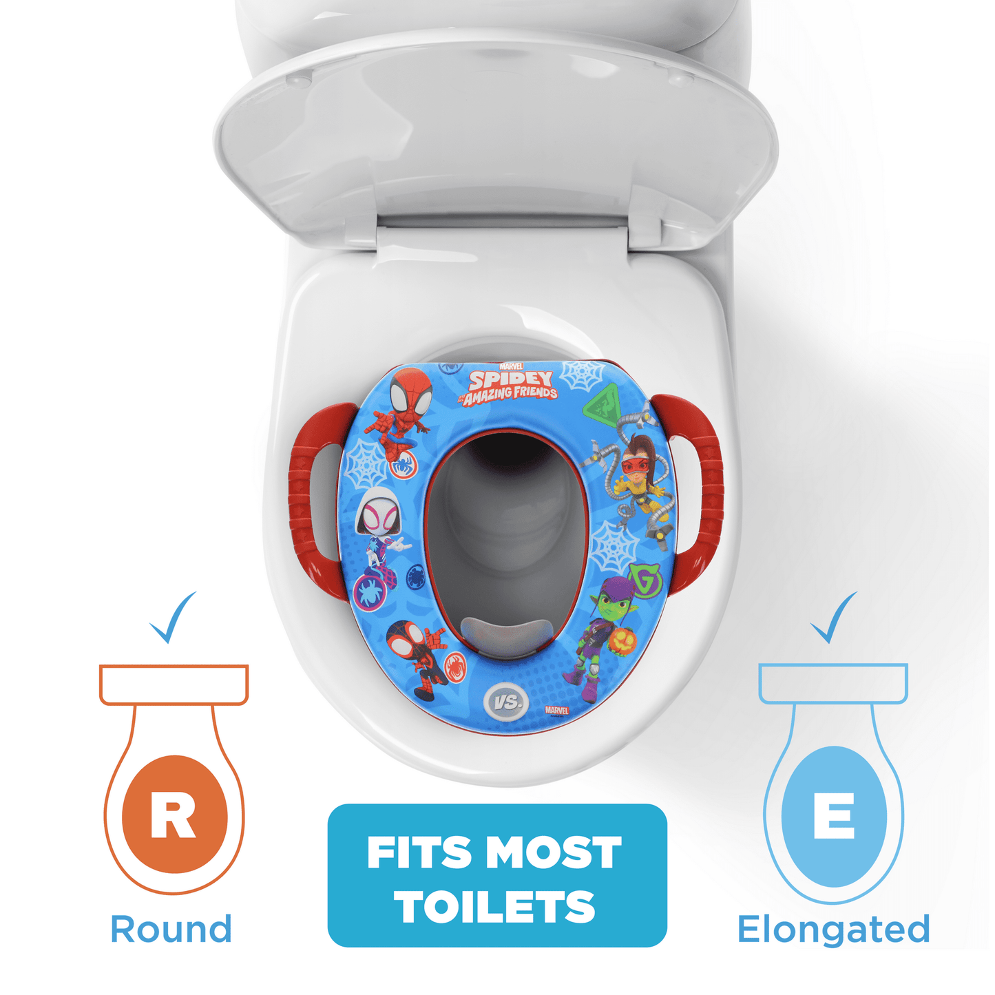 A colorful children's potty training seat on a toilet, with diagrams showing round and elongated compatibility