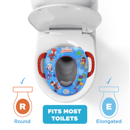 A colorful children's potty training seat on a toilet, with diagrams showing round and elongated compatibility