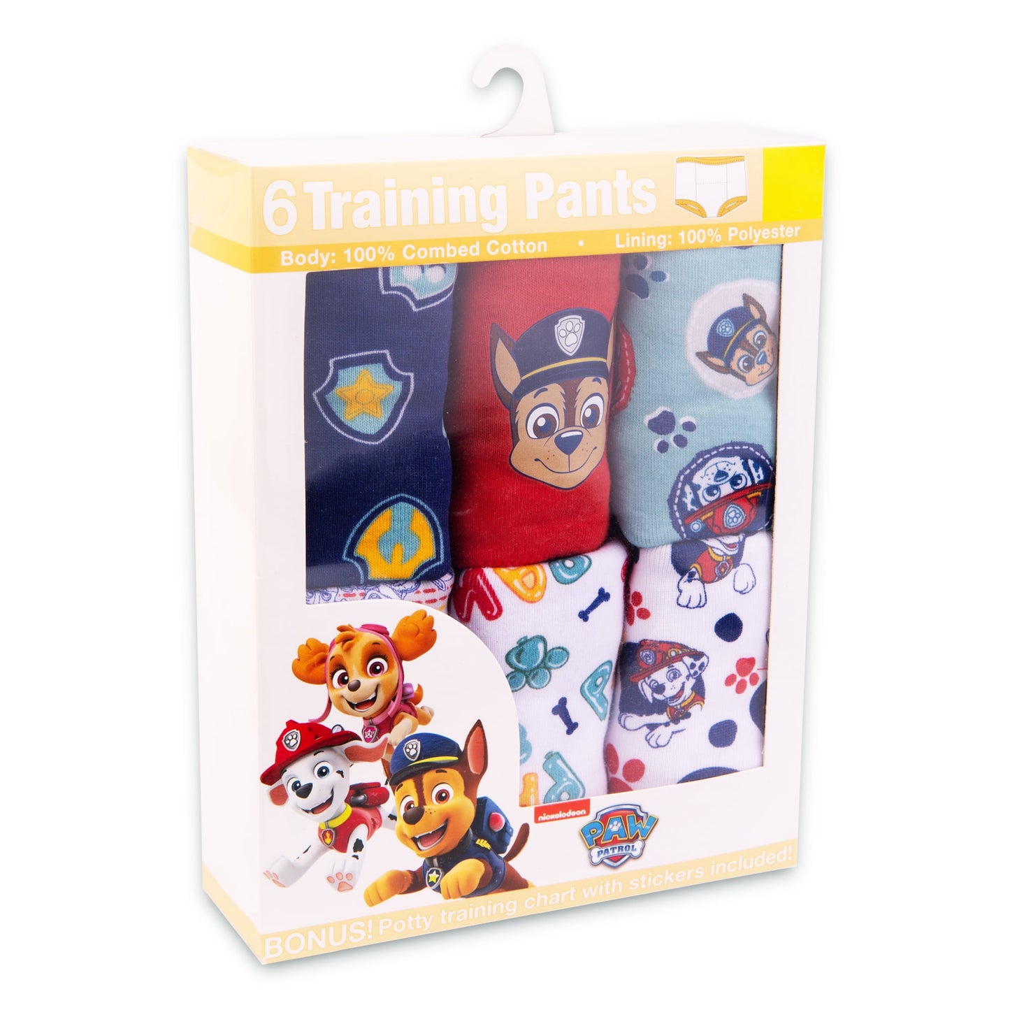 A white box containing six pairs of folded, patterned training pants with cartoon dog designs, on a white background