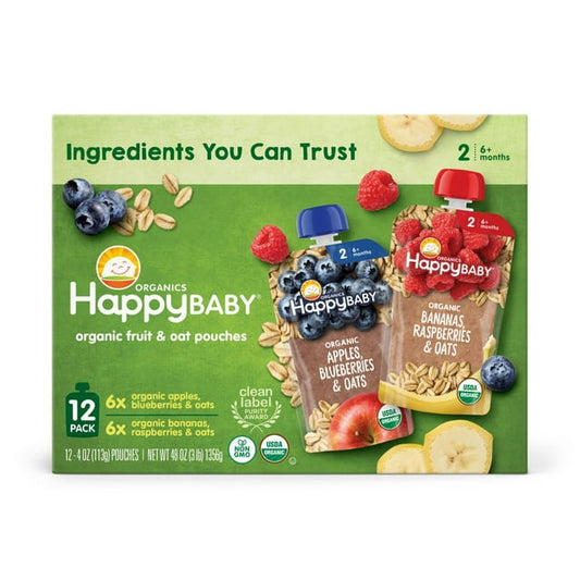 HappyBABY Organics Clearly Crafted Fruit & Oat Pouches, Variety Pack, 12 ct, 4 oz