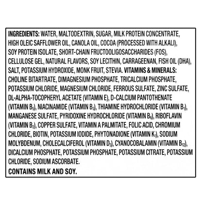 White background with a detailed nutritional facts label and ingredients list for Kids chocolate nutrition shakes 