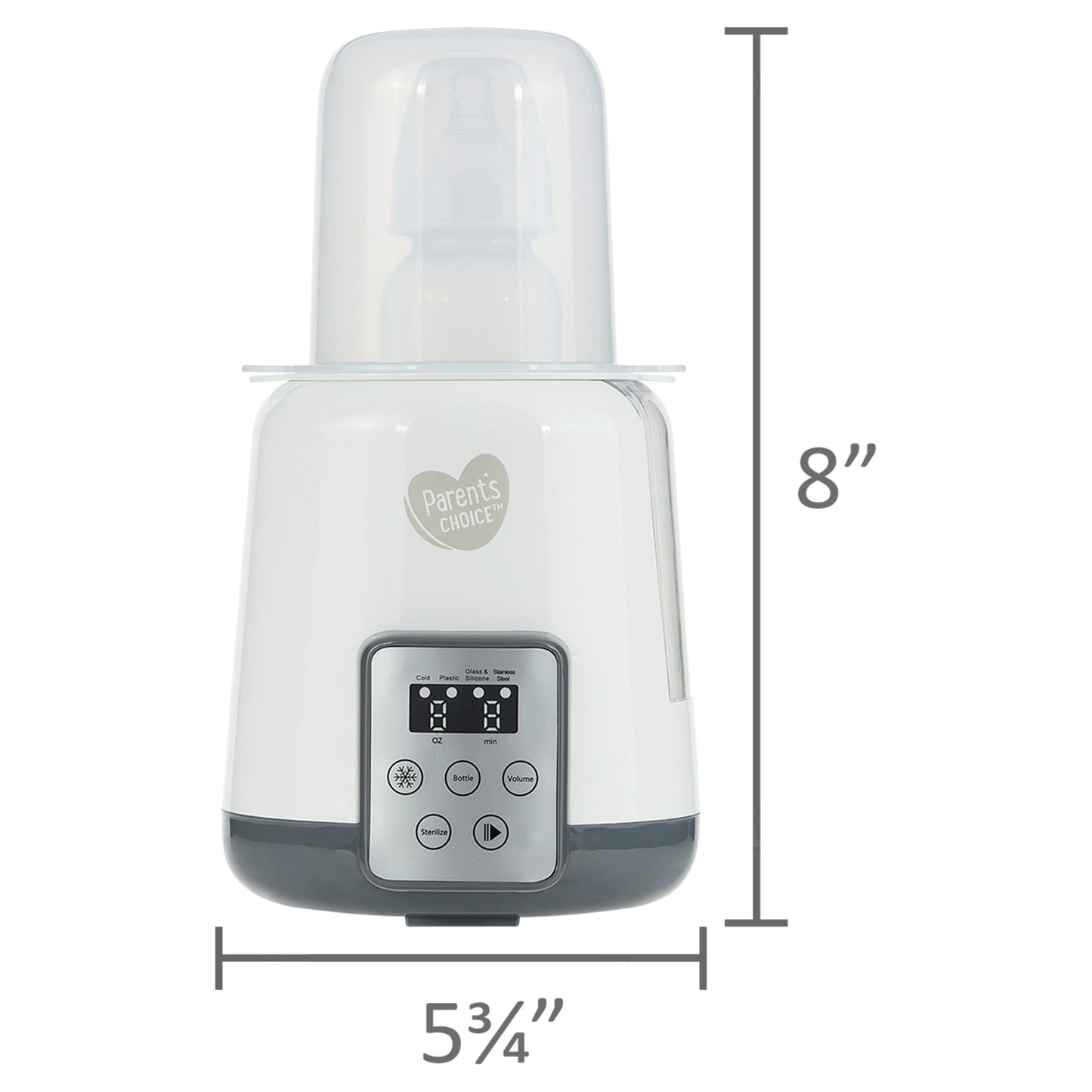 Image displaying a baby bottle warmer/sterilizer and it's dimensions