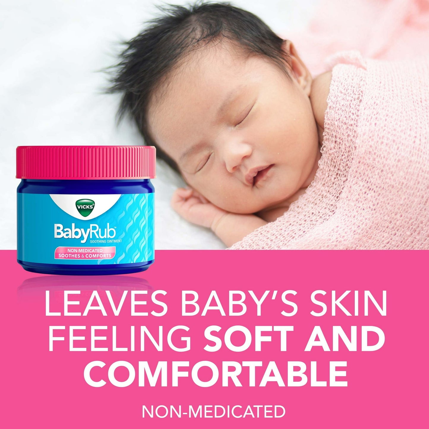 Image showing a baby sleeping with text and a gentle relief product made to support comfort and wellness during flu, cold, cough or fever