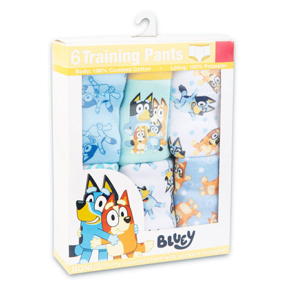 A package containing six pairs of children's training pants with cartoon dog patterns, displayed in a box