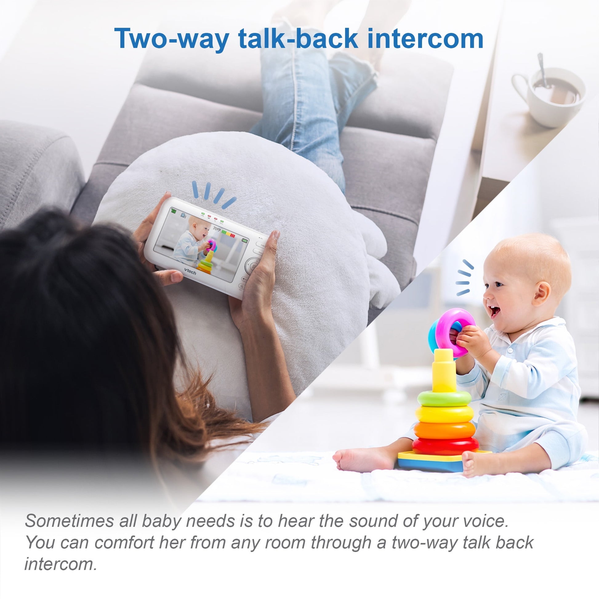 A person holding a baby monitor showing a baby, and a baby playing with a toy