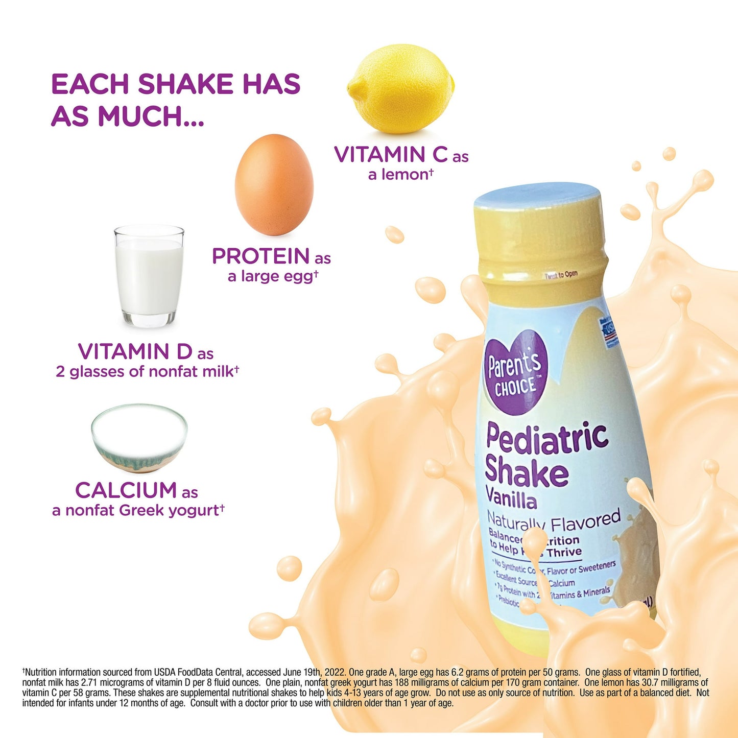 Kids pediatric shake bottle surrounded by a lemon, egg, milk, yogurt, and liquid splashes