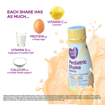 Kids pediatric shake bottle surrounded by a lemon, egg, milk, yogurt, and liquid splashes