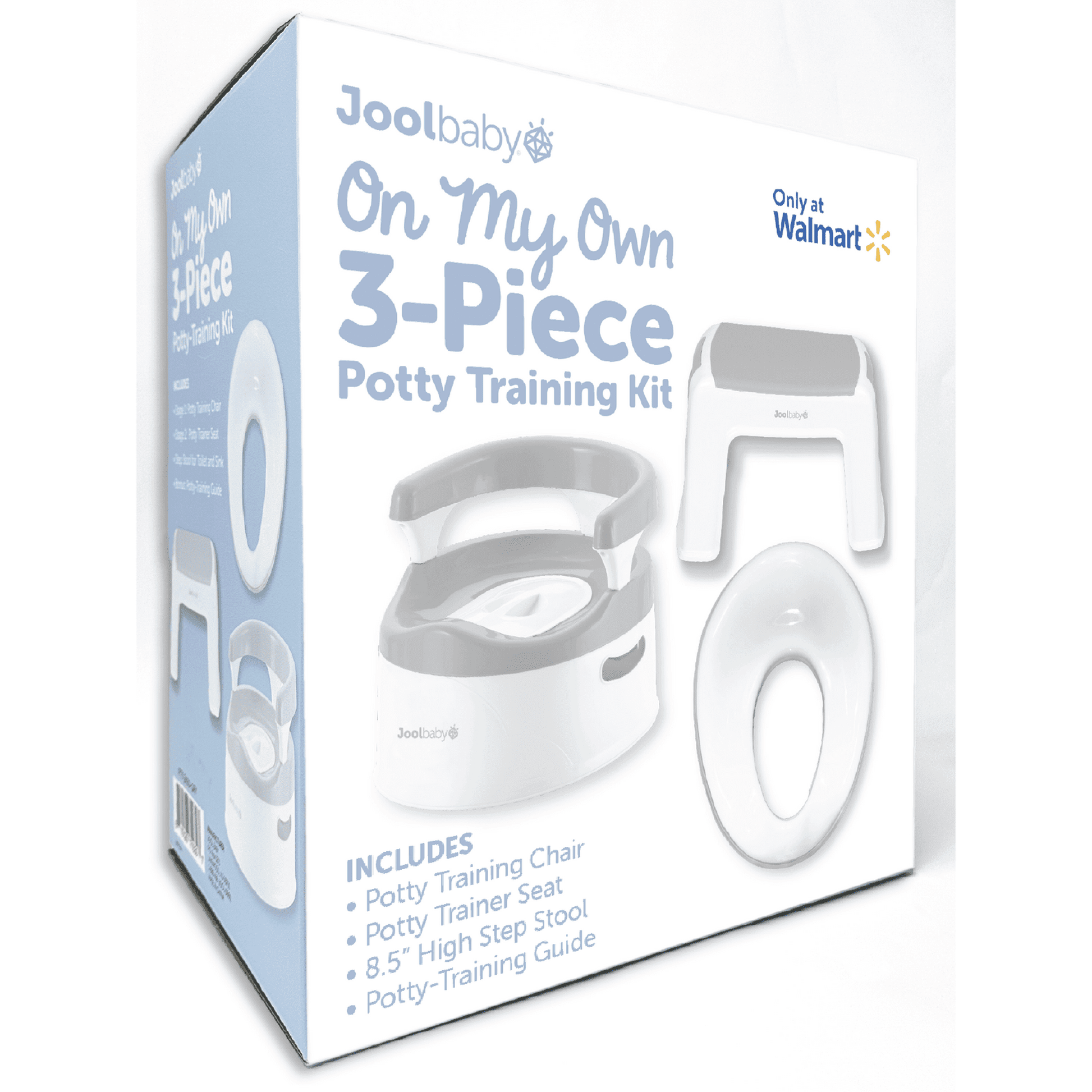 A boxed 3-piece potty training kit for toddlers, including a chair, seat, and stool