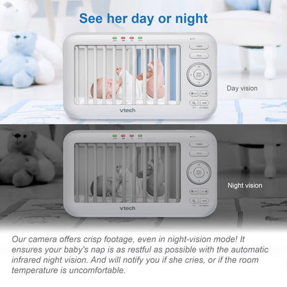 A baby monitor displaying a baby in a crib during day and night vision modes