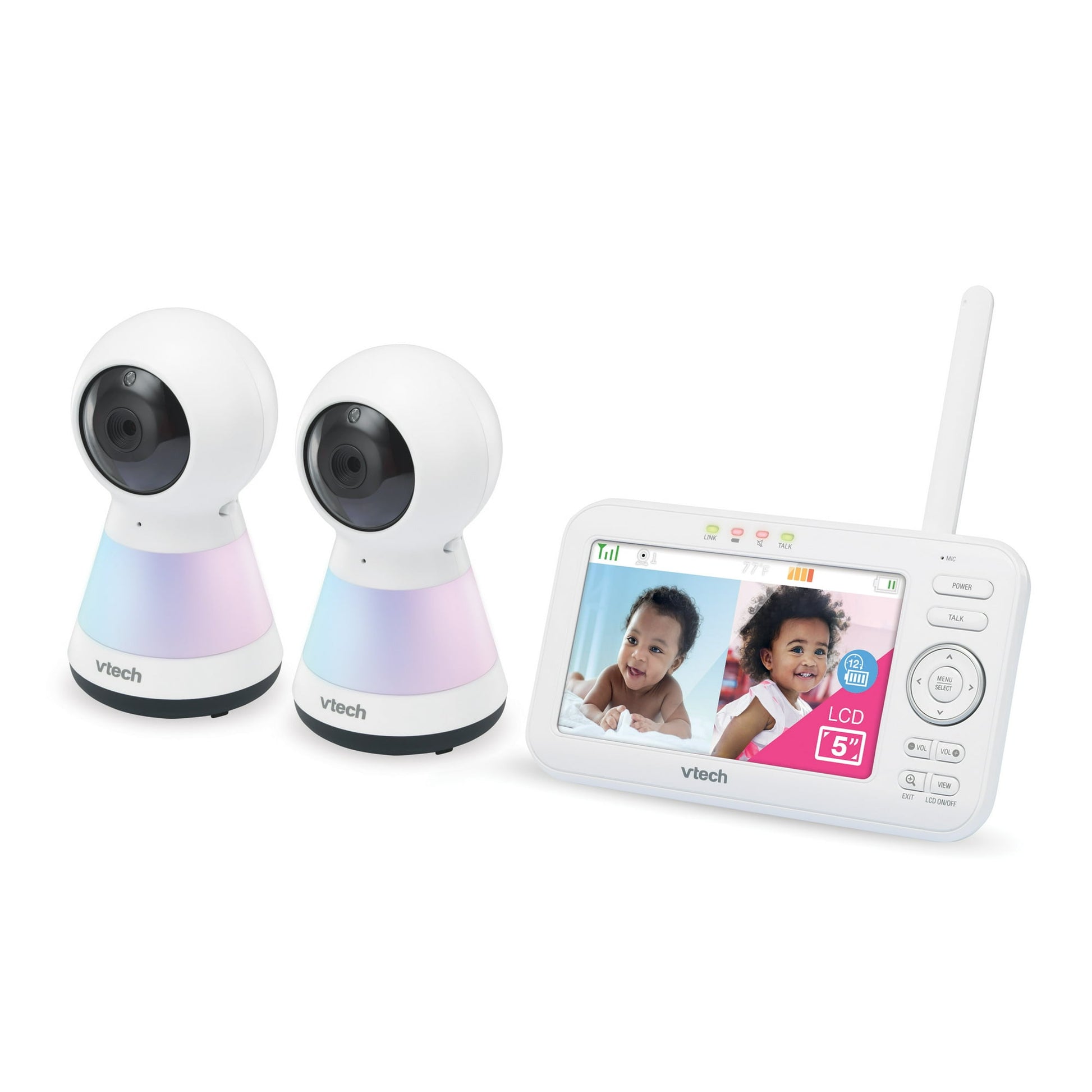 Two baby monitor cameras and a parent unit with a screen showing two infants