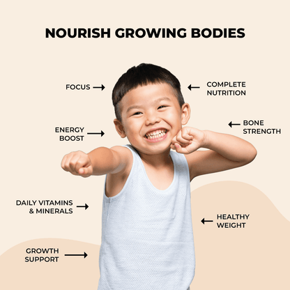 A smiling child with text highlighting aspects of nourishing growing bodies and healthy development