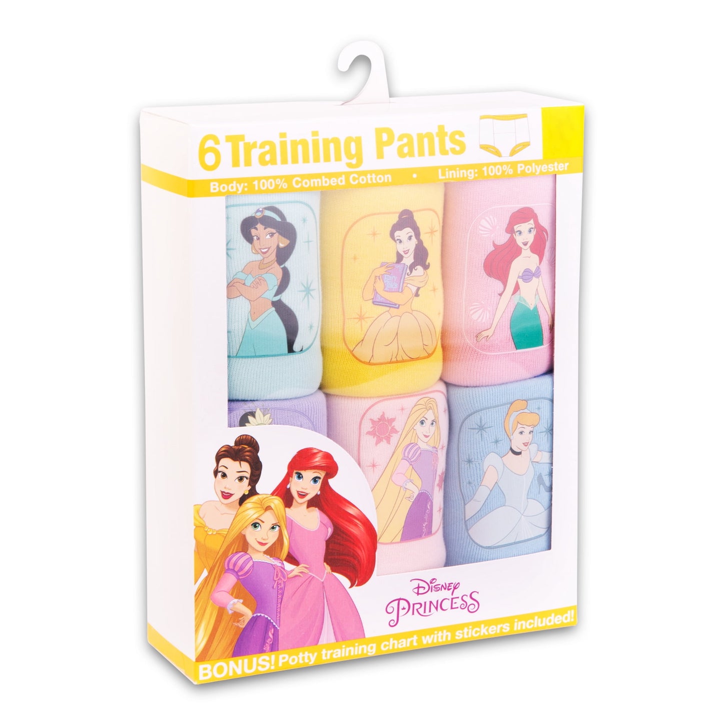 A box containing six pairs of toddler girls' training pants with various princess designs