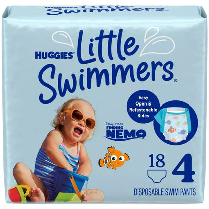 disposable swim pants packaging with a child and Nemo character on a light blue background.
