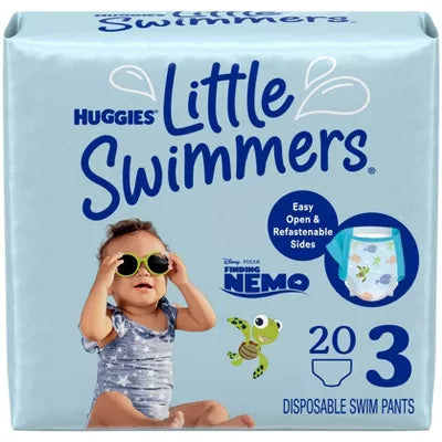 disposable swim pants packaging with a child and Nemo character on a light blue background.