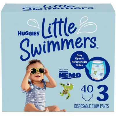 disposable swim pants packaging with a child and Nemo character on a light blue background.