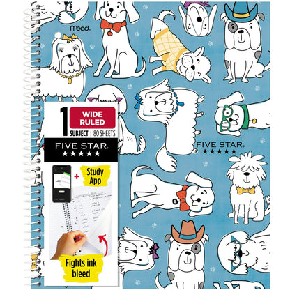Five Star Cats & Dogs 1 Subject Wide Ruled Notebook Plus Study App, 8" x 10.5", Dogs, Poly, Spiral, 80 Sheets
