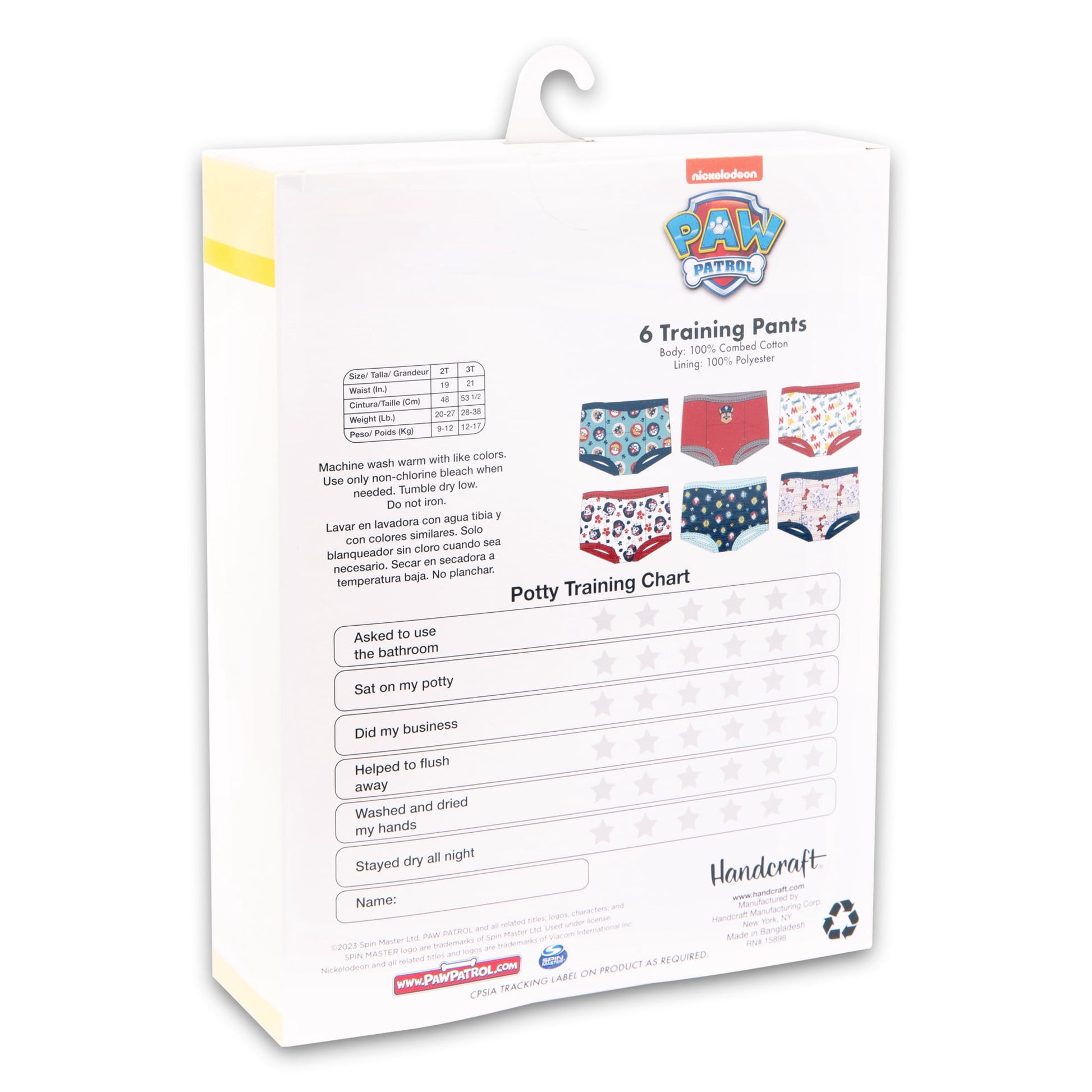 A white cardboard box containing six pairs of patterned training pants for toddlers, with a potty training chart on the back