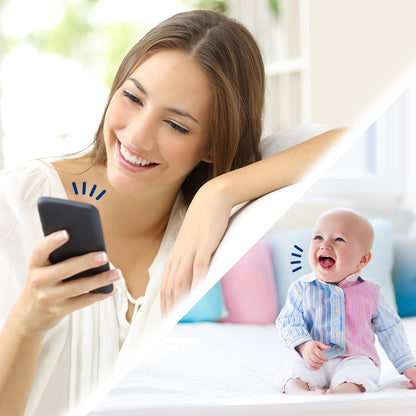 A woman smiles at her phone while a happy baby is shown, connected by a baby monitor product