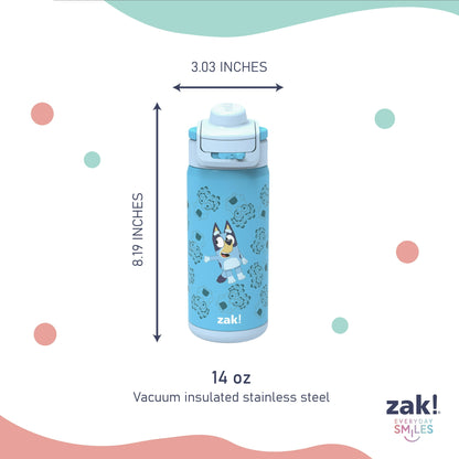 Zak Designs Kids Straw Water Bottle, Stainless Steel Vacuum Insulated Lincoln Bottle with Easy-Open Locking Spout Cover for Travel, Built in Carry Handle