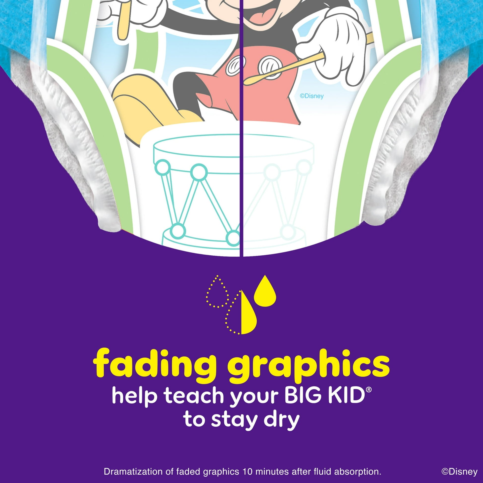 Training pants with fading graphics to help teach a child to stay dry