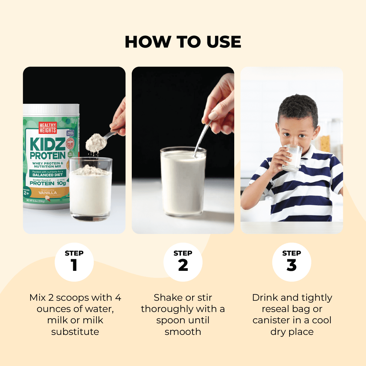 Three-step visual guide showing preparing and drinking a shake, includes container, glass, child