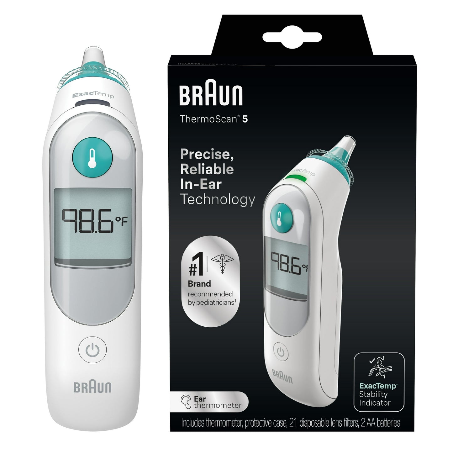 ear thermometer with packaging on a white background