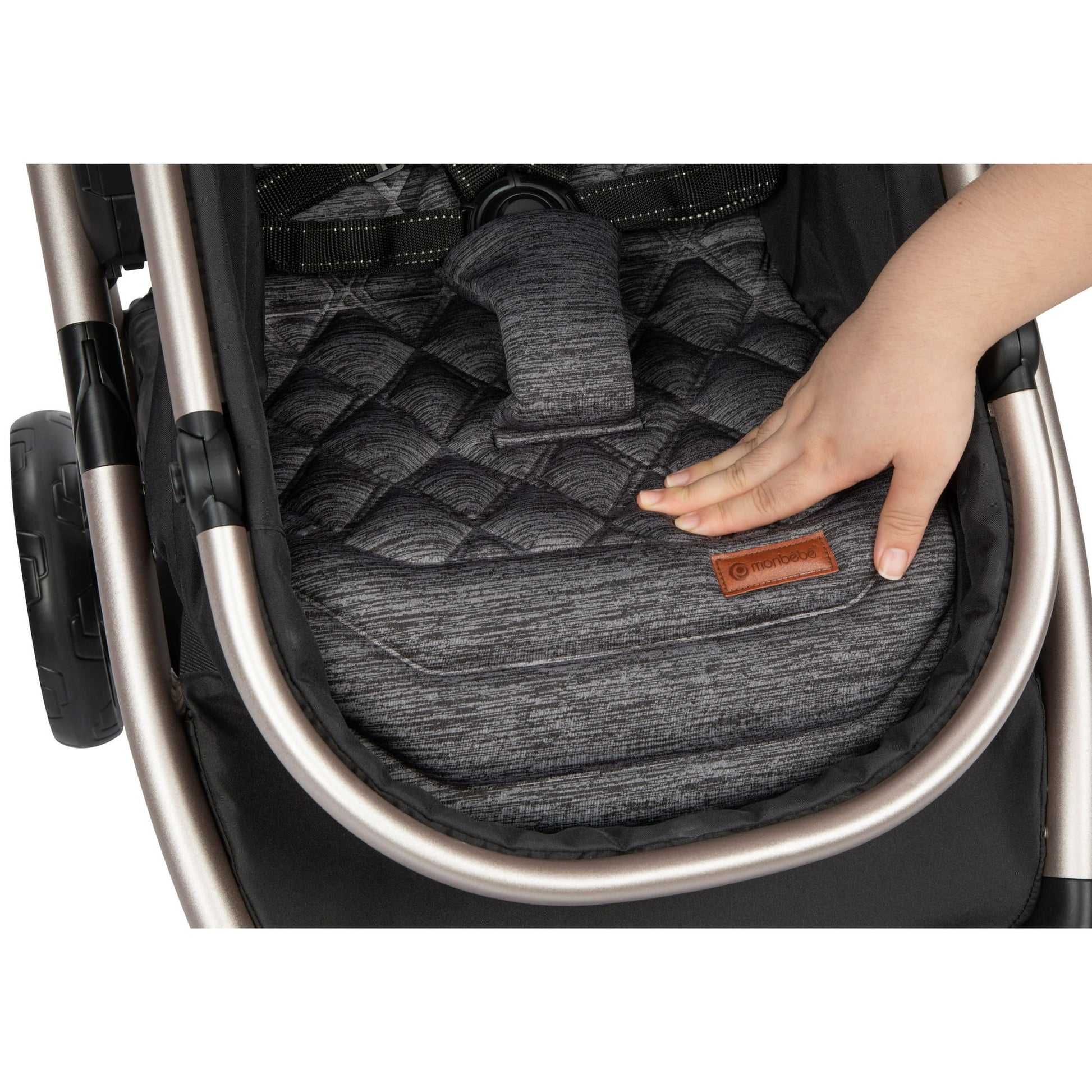 Image displaying a baby stroller with text about it's details