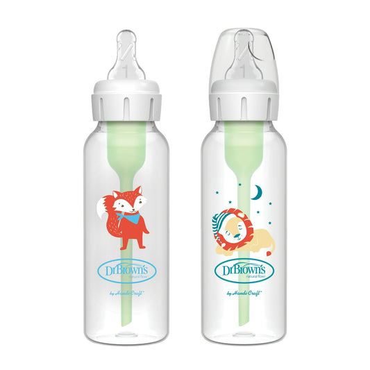 Dr. Brown's Natural Flow Anti-Colic Options+ Narrow Baby Bottle, Fox/Lion, 8 oz, 0m+, 2 Pack