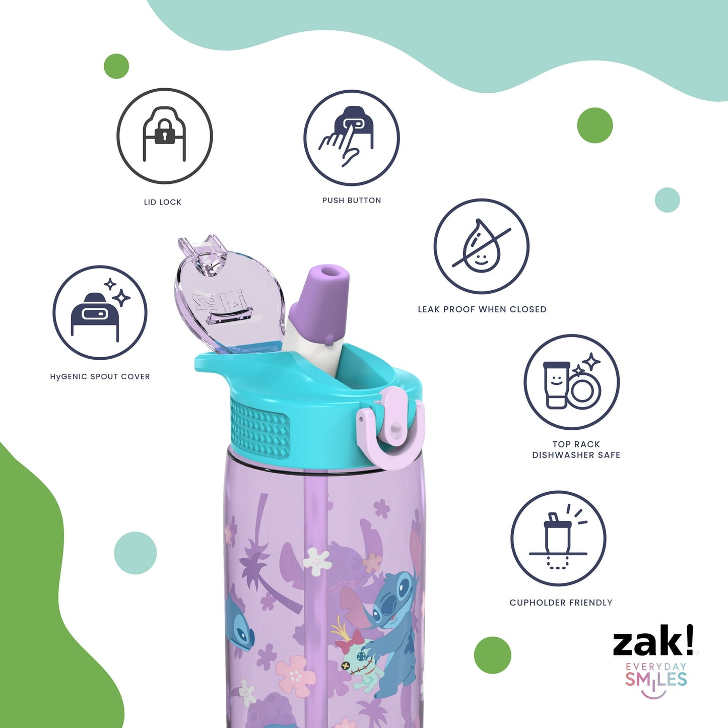 Zak Designs 25oz Durable Plastic Park Water Bottle with Straw, Easy Open Locking Spout Cover for Travel, and Built In Carry Handle