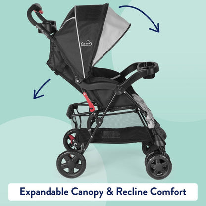 Image displaying a baby stroller with text about it's details