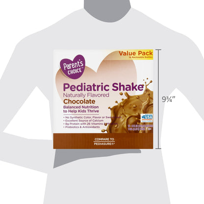A box containing chocolate-flavored pediatric nutritional shakes, with a measurement indicated