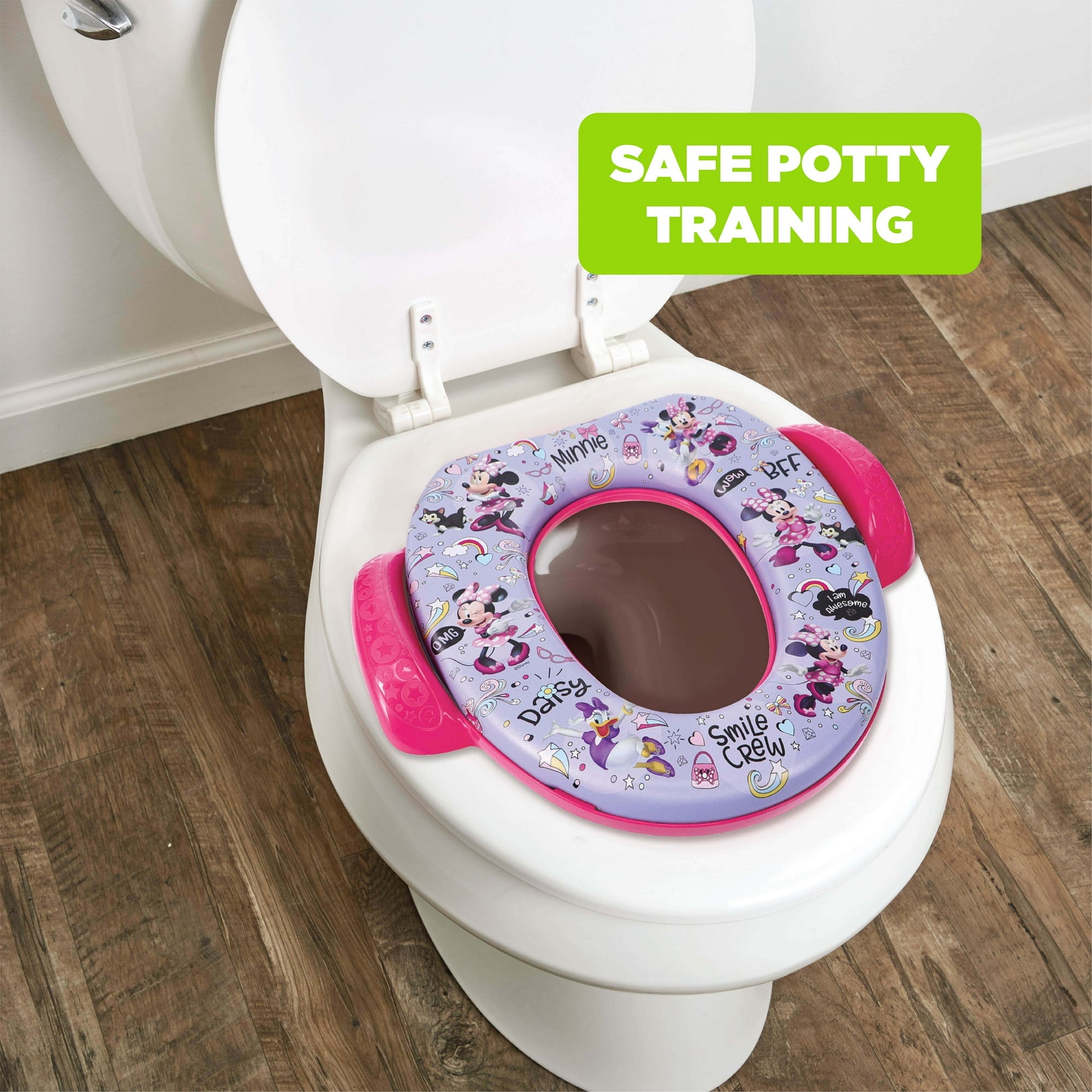 A colorful children's potty training seat featuring cartoon characters on a toilet, with safety training text displayed