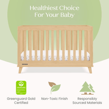 A light wood baby crib with a mattress, set against a green and white background with icons