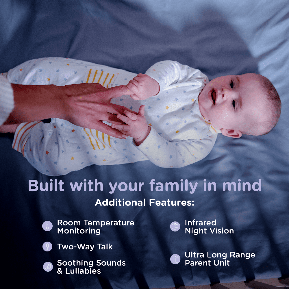 An adult's hand touching a baby's hand, alongside text describing baby monitor features