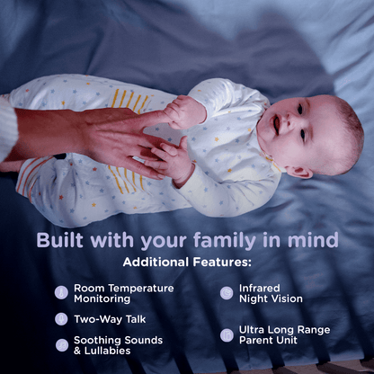 An adult's hand touching a baby's hand, alongside text describing baby monitor features