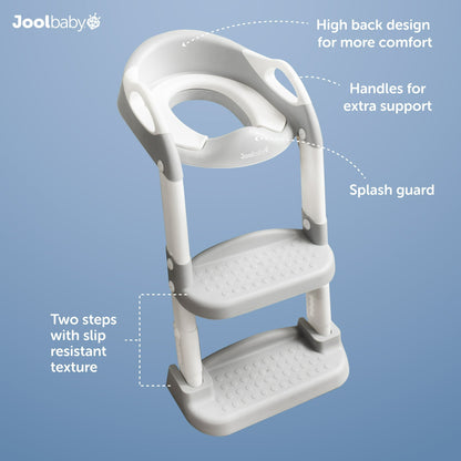 A grey and white toddler potty training seat with a two-step ladder on a light blue background