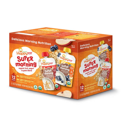 HappyTOT Organics Super Morning Pouch, Apple Cinnamon and Blueberry Banana Variety Pack, 12 ct, 4 oz