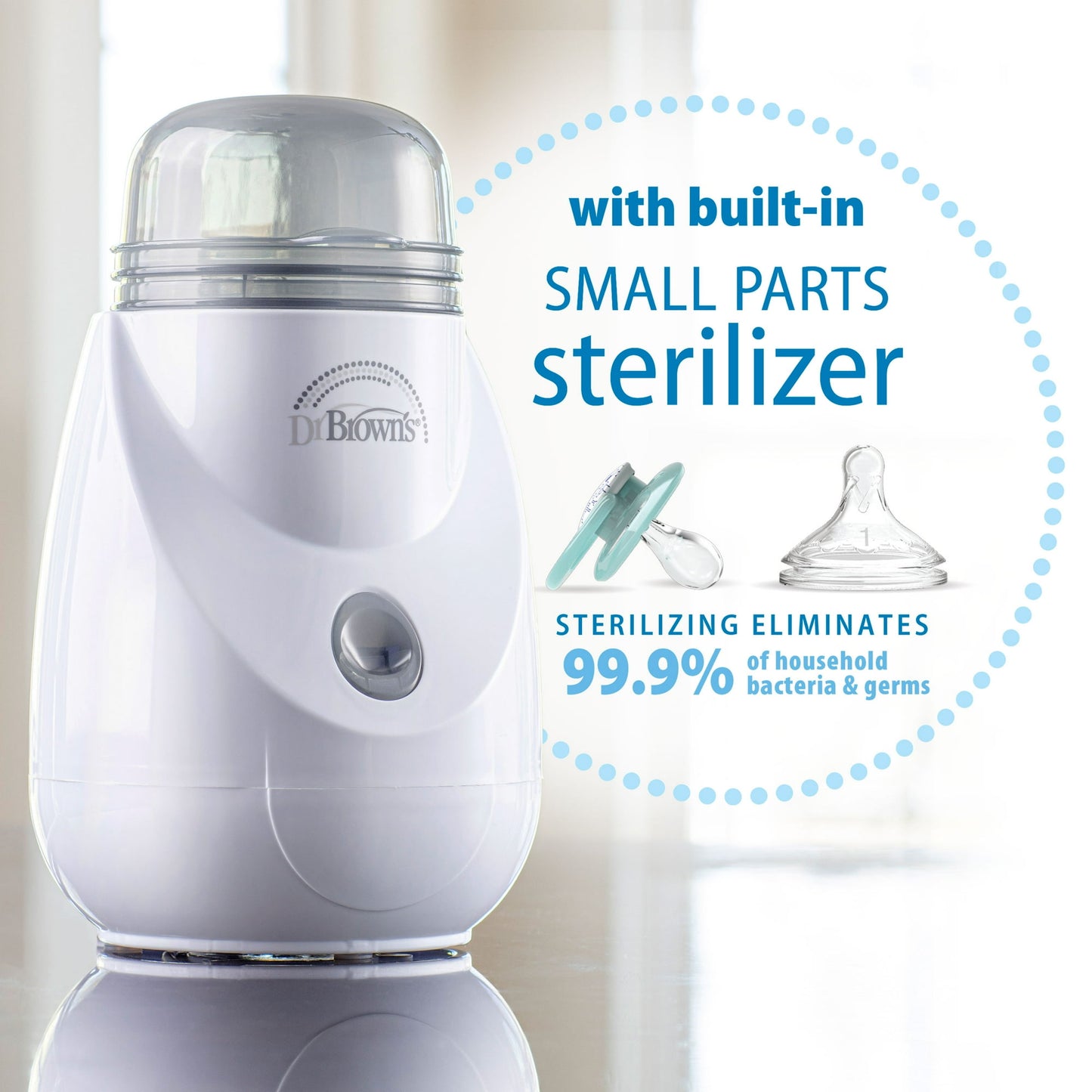 Image displaying a baby bottle warmer/sterilizer and text about it's details