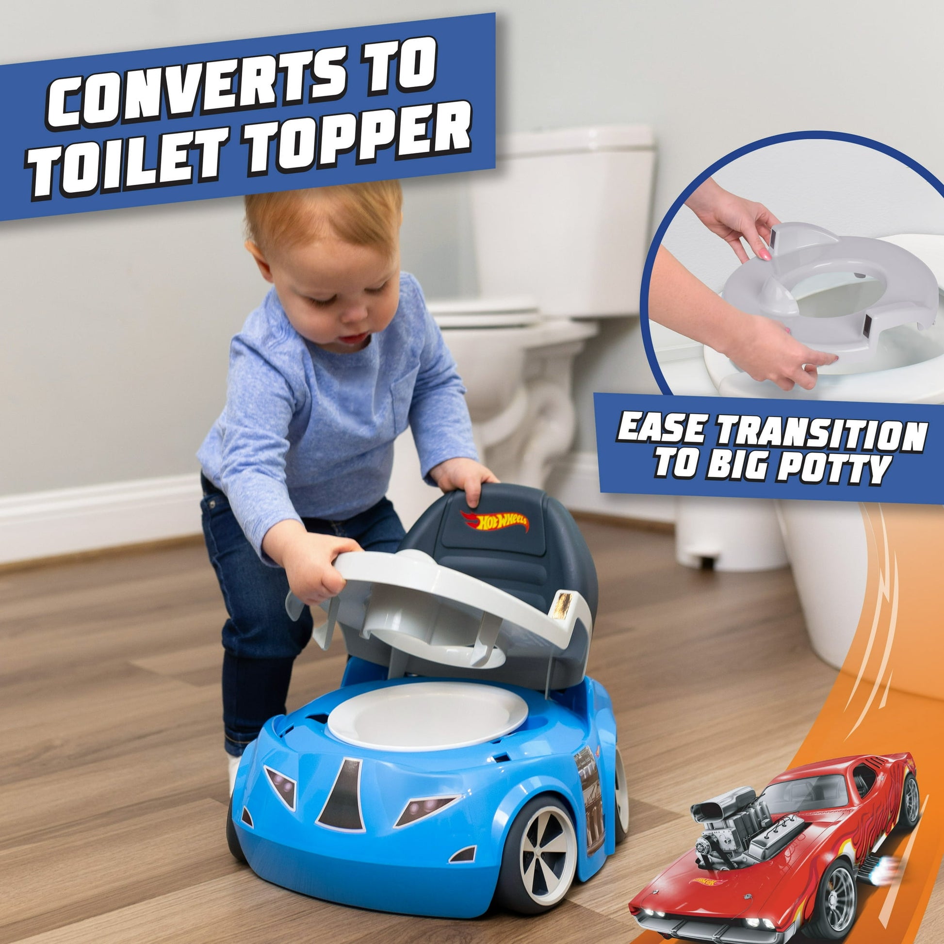 A toddler uses a blue race car potty trainer, which converts into a seat for a standard toilet