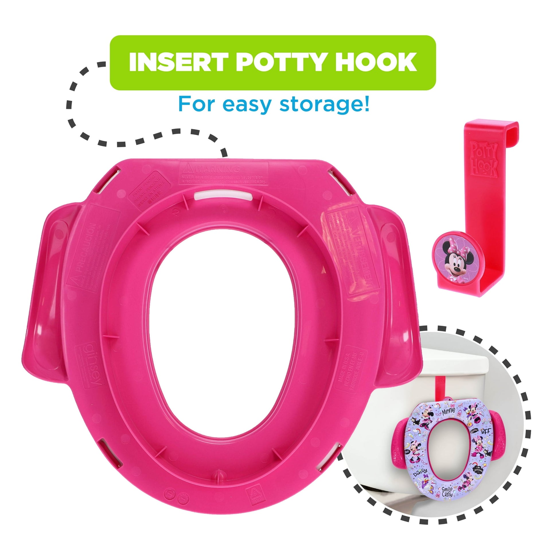 A pink child's potty training seat and a red storage hook are displayed, with the seat shown on a toilet