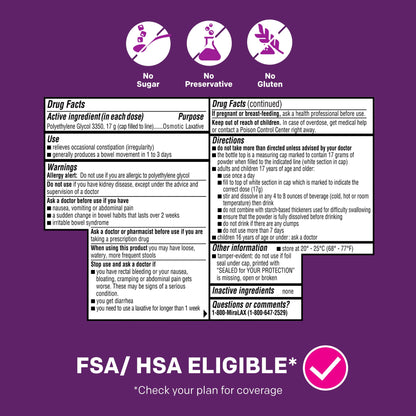 Image displaying a Constipation relief drink mix and text about it's details