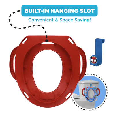 A red child's potty training seat with handles and a blue hanging hook, near a toilet