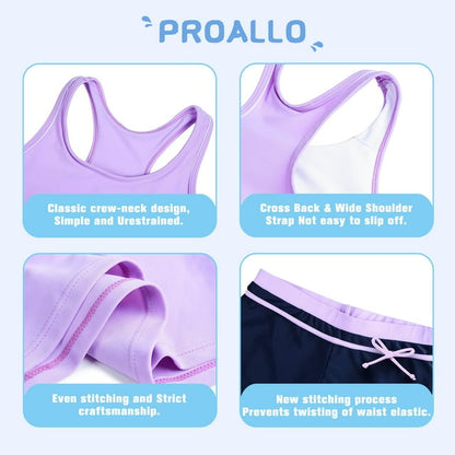 PROALLO Girls Bathing Suits Two-Piece Swimsuit with Boyshorts Vest-Style Tankini(12-13T Purple)